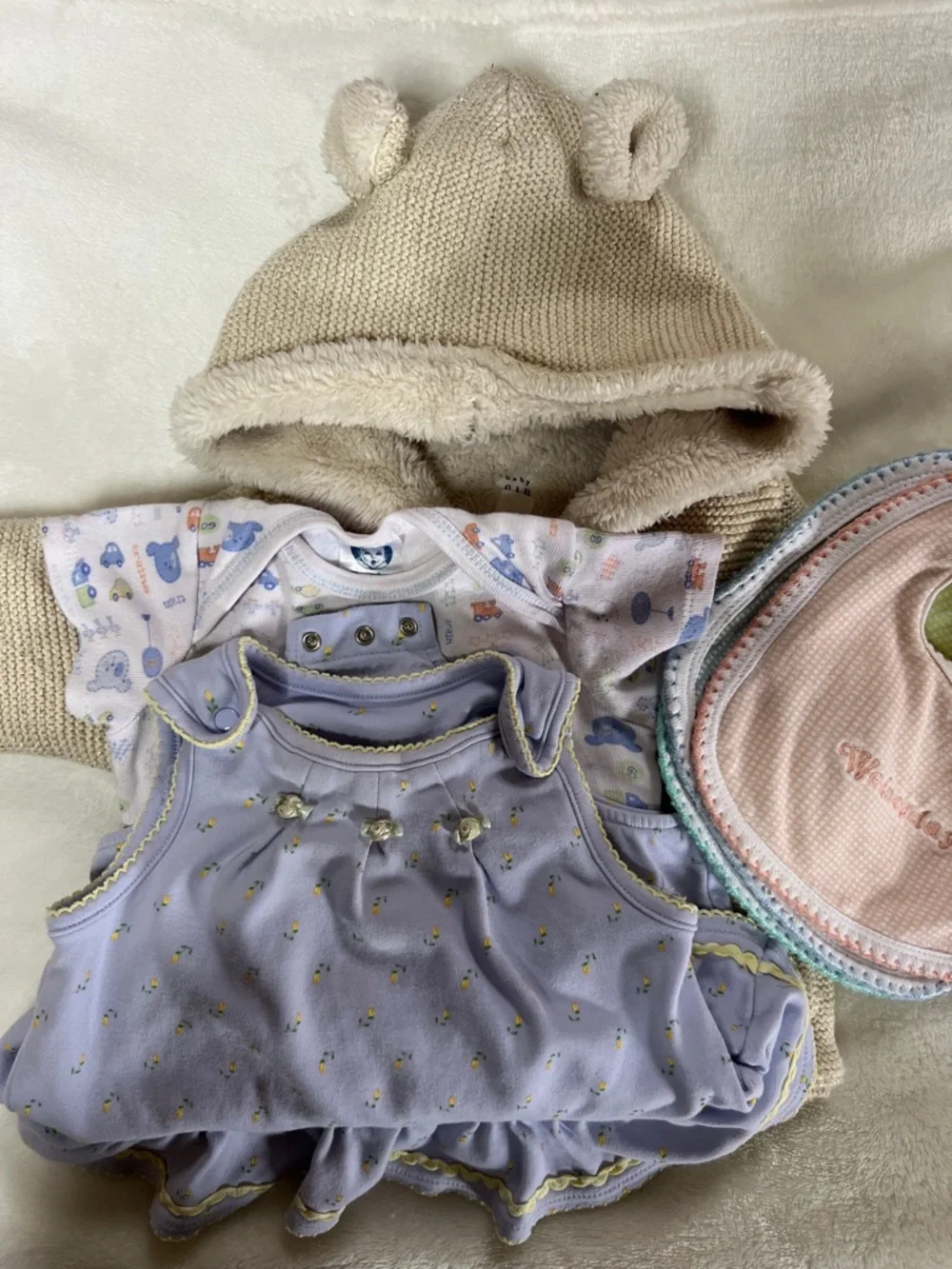 🐻🧸Neutral Teddy Hooded Baby Hat with Lilac Dress and Bib Set